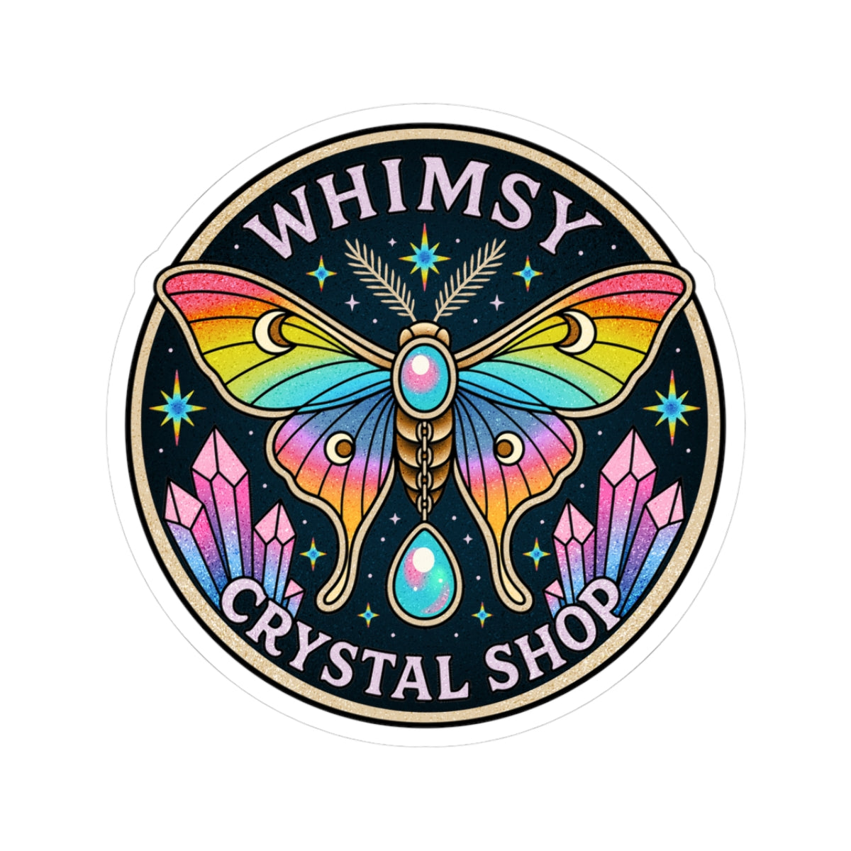 Whimsy Crystal Shop Sticker — Rainbow Moth Kiss-Cut Sticker