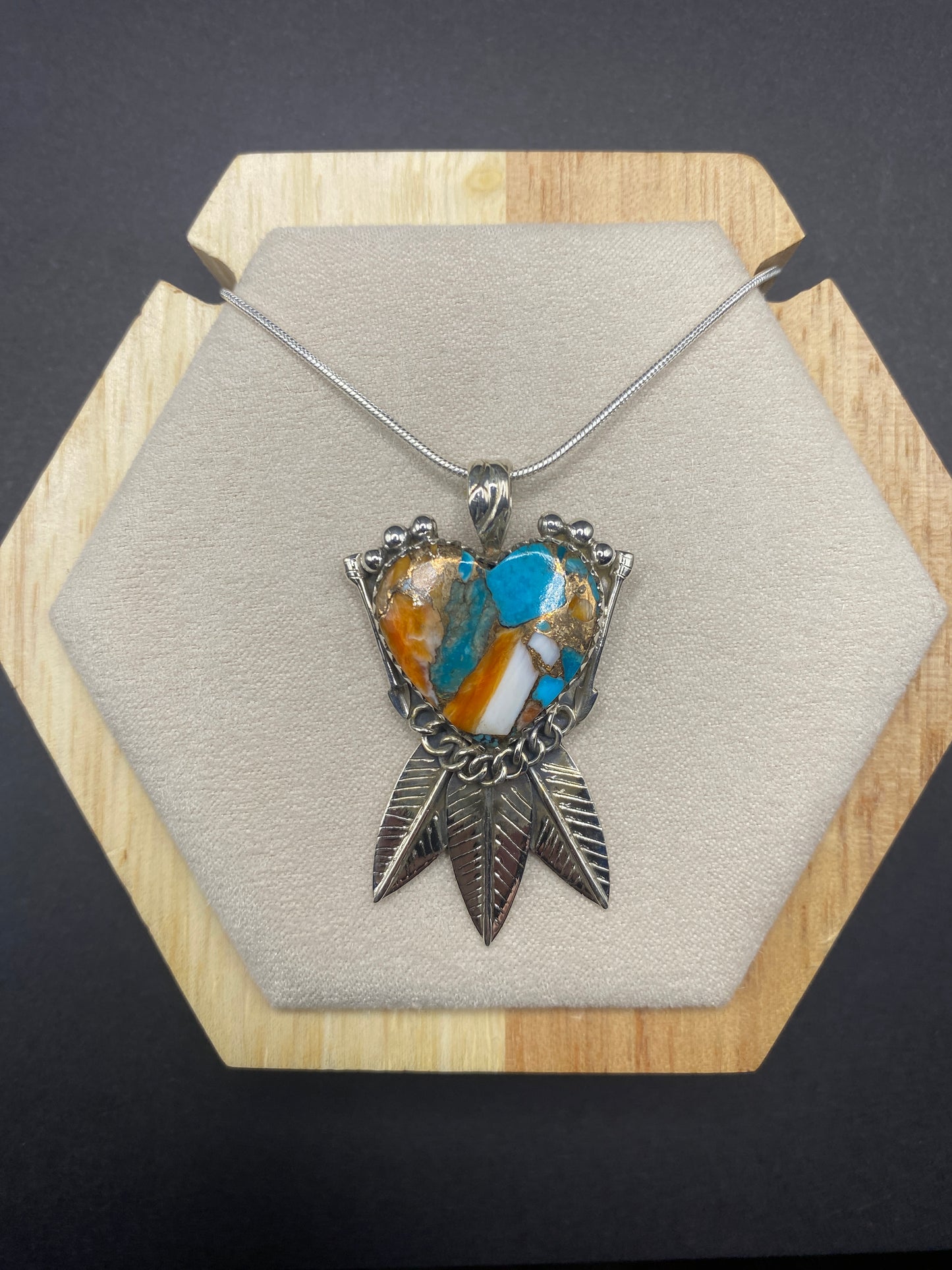 turquoise and orange spiny oyster necklace Sterling Silver