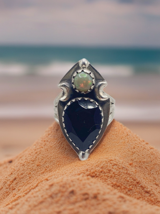 Size 6 onyx with Ethiopian opal sterling silver