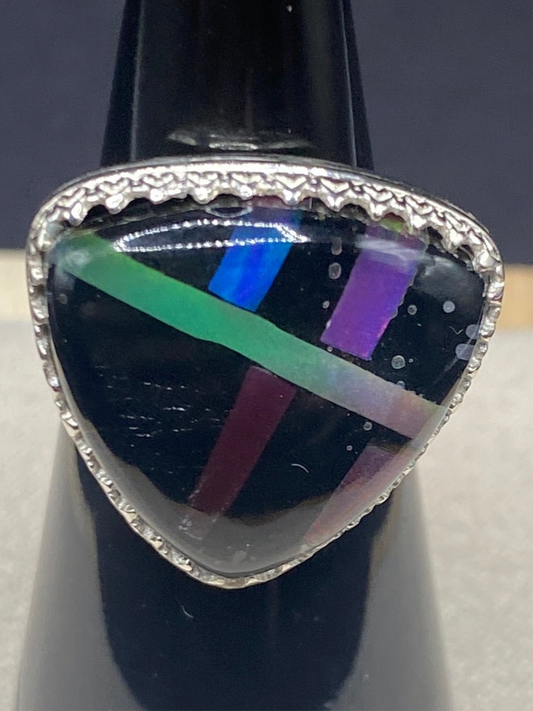 Size 6.5 aurora opal and onyx sterling silver