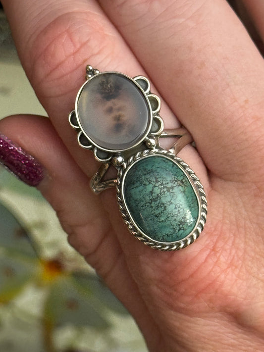 Size 9.25 dendritic agate + Tibetan turquoise sterling silver