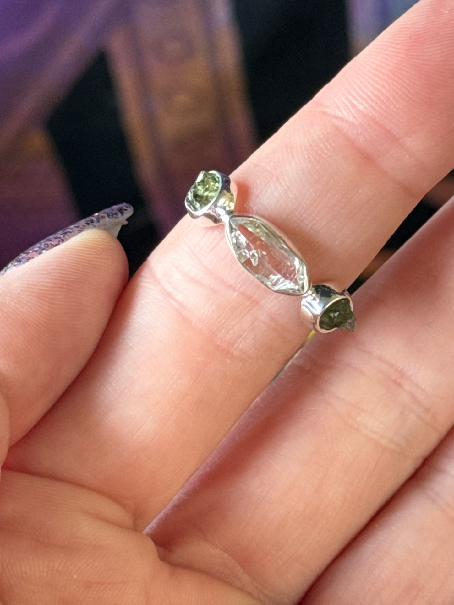 Size 8.25 moldavite + herkimer diamond sterling silver