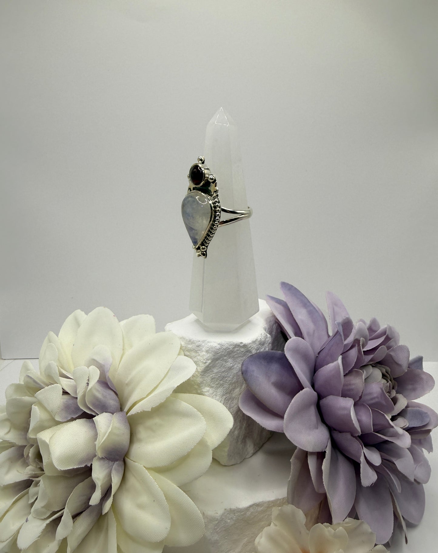 Moonstone and garnet size 9 sterling silver