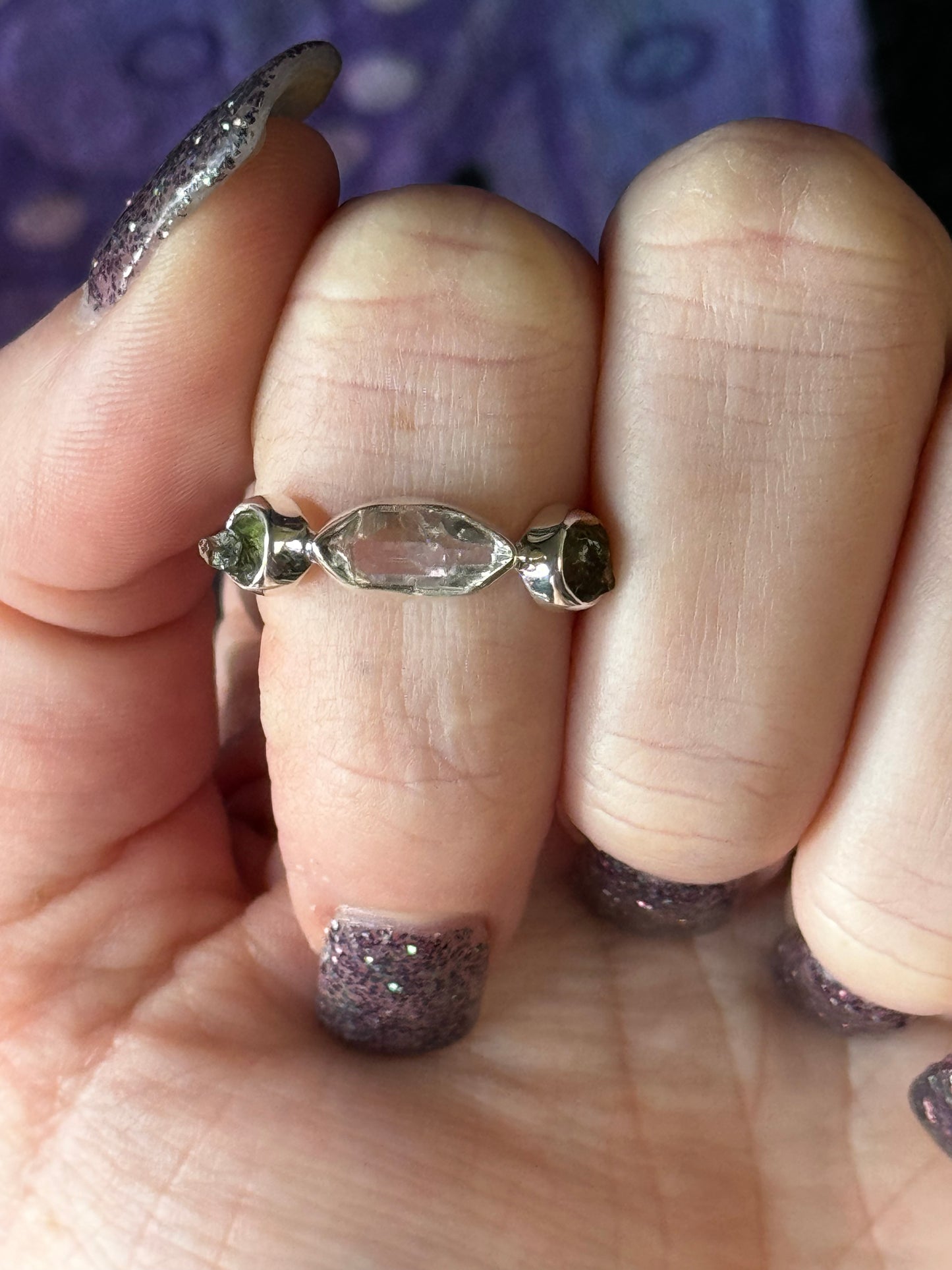 Size 8.25 moldavite + herkimer diamond sterling silver