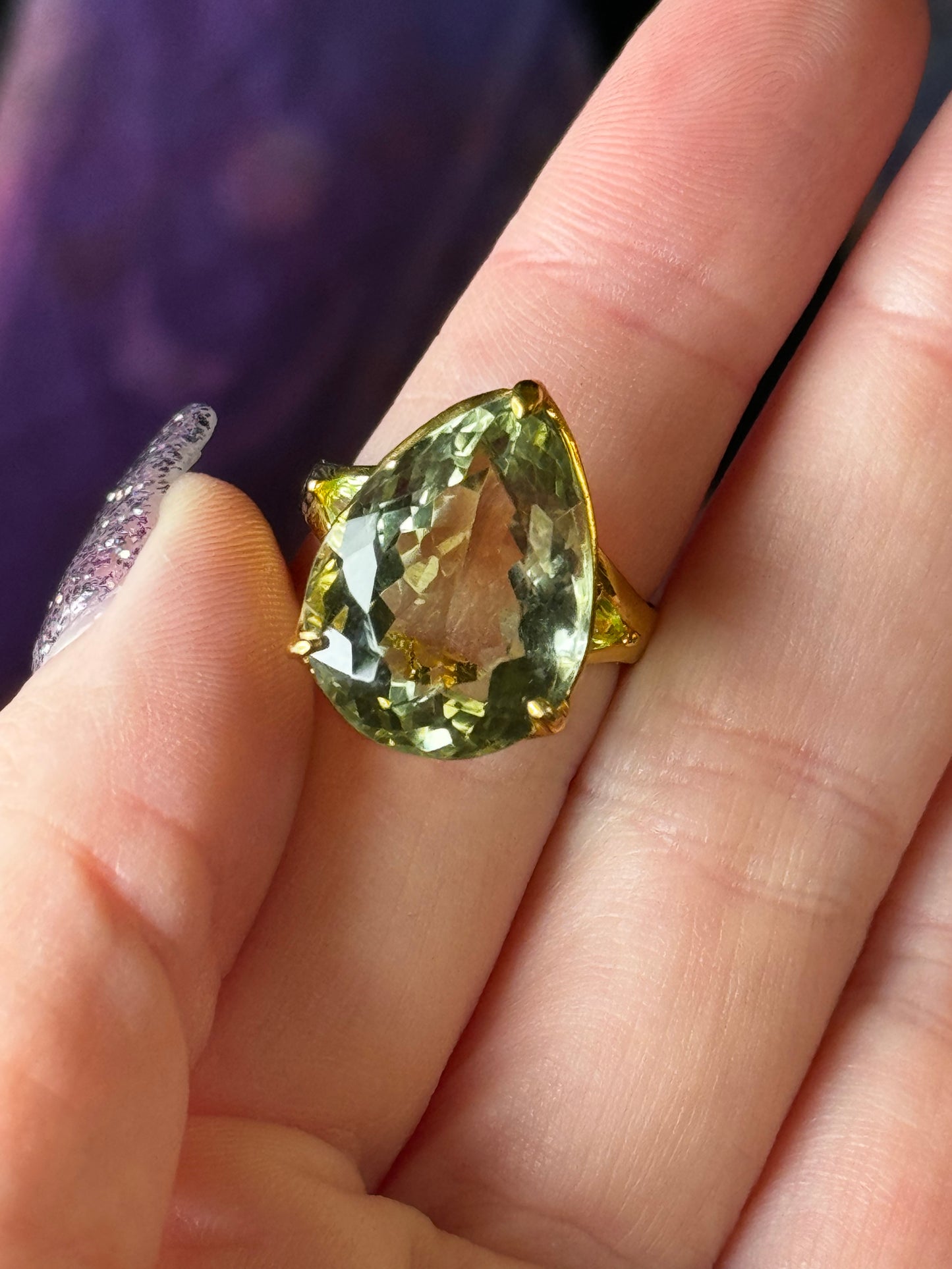 Size 7.5 green amethyst sterling silver gold overlay