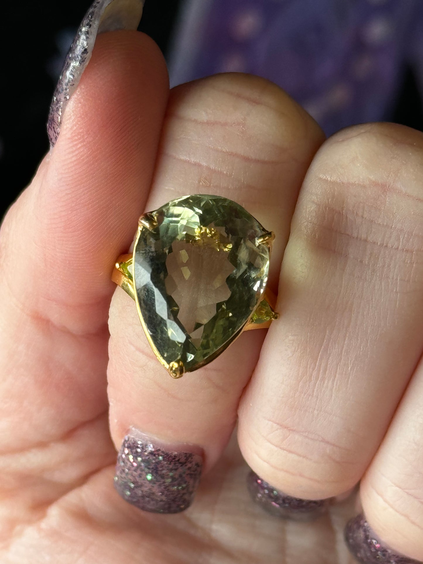 Size 7.5 green amethyst sterling silver gold overlay