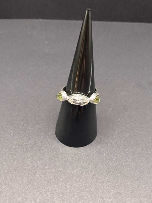 Size 8.25 moldavite + herkimer diamond sterling silver