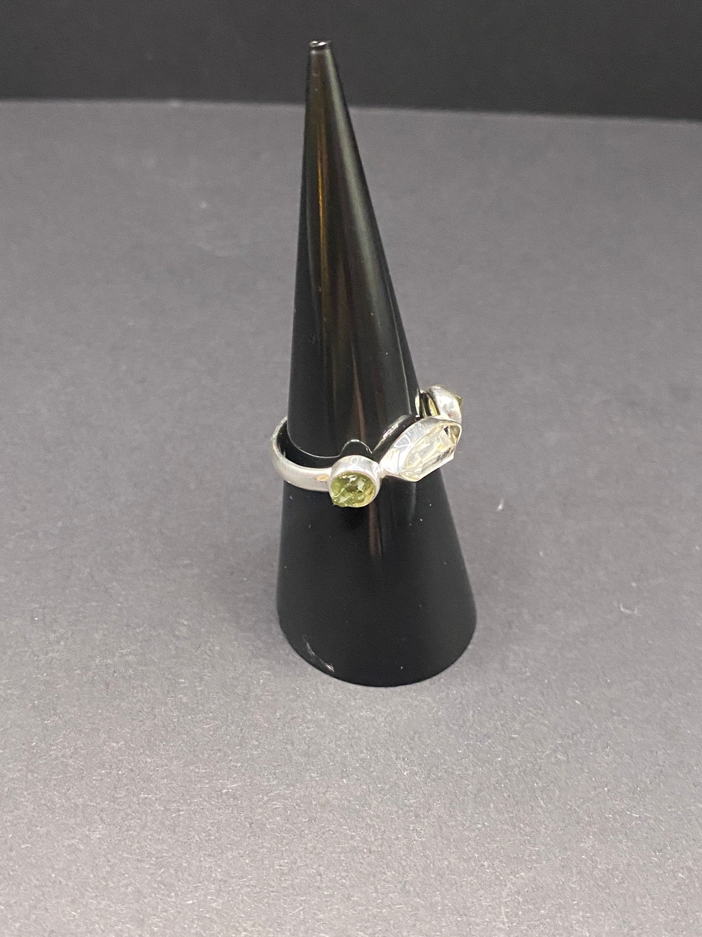 Size 8.25 moldavite + herkimer diamond sterling silver