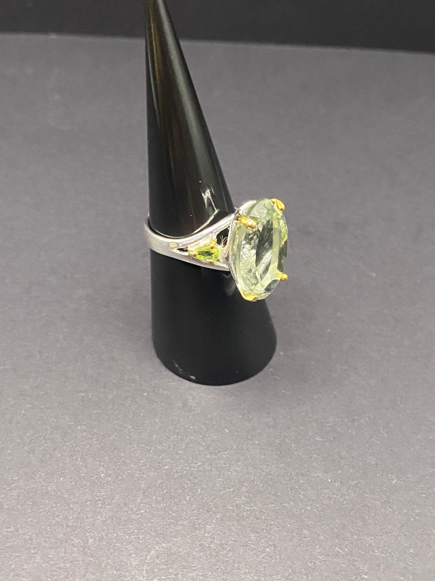 Size 7.5 green amethyst with peridot + 14k gold accent sterling silver