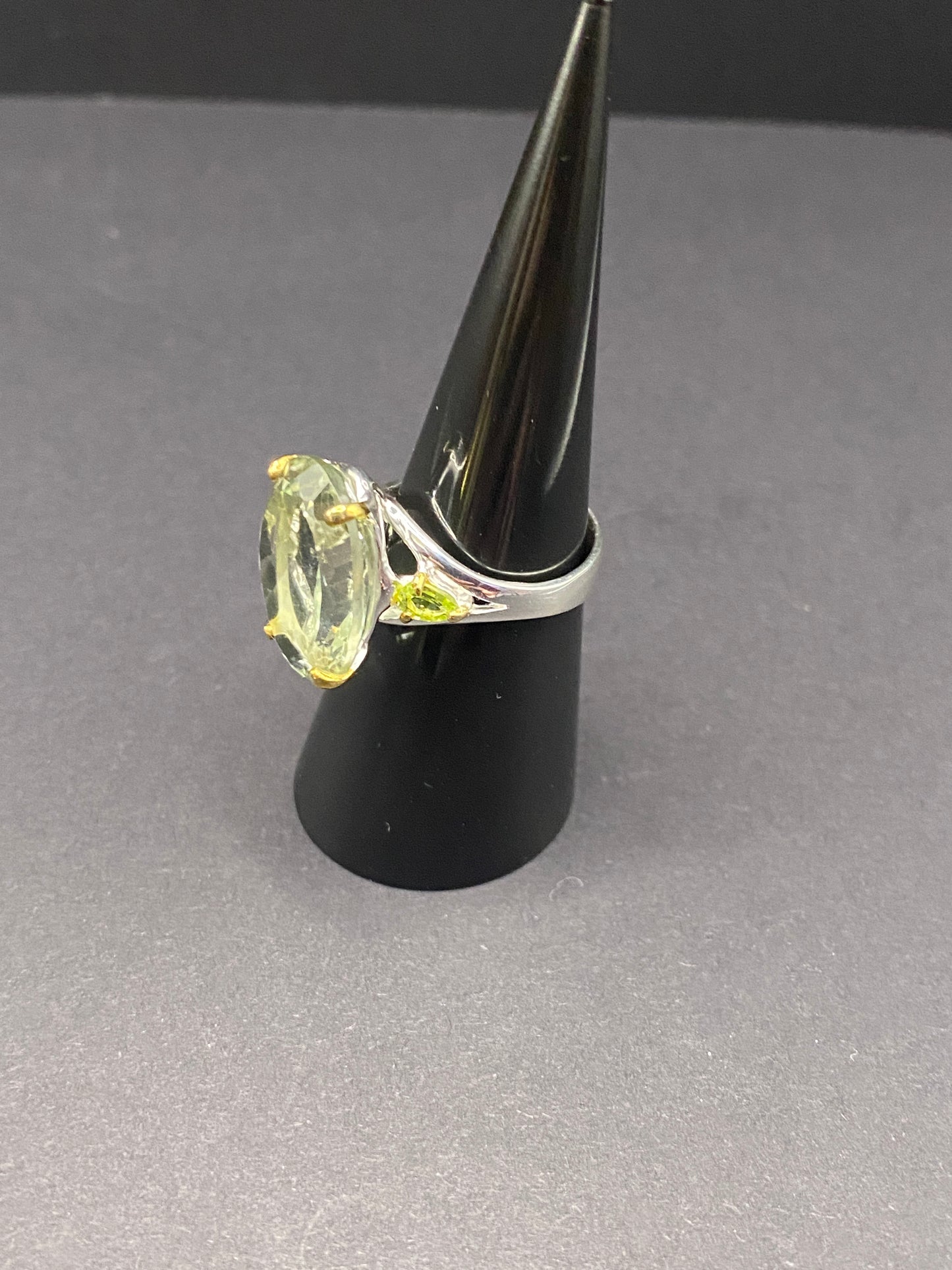 Size 7.5 green amethyst with peridot + 14k gold accent sterling silver