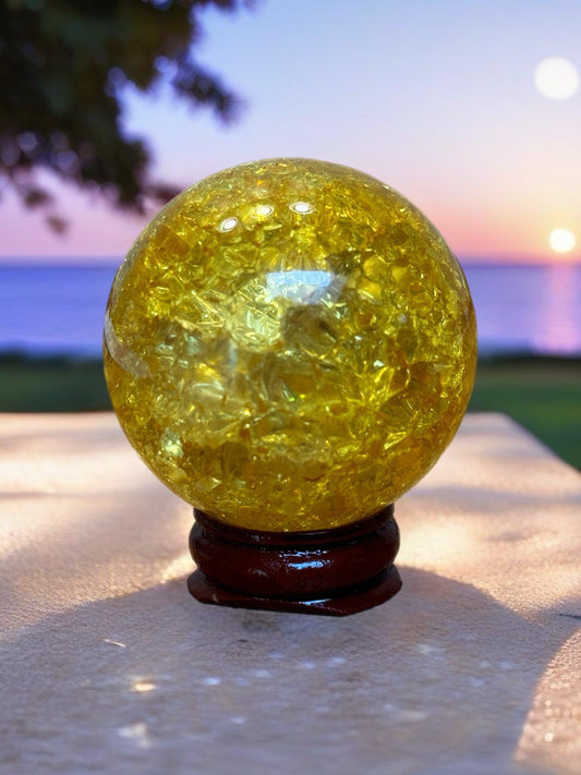 Yellow crackle quartz sphere includes wooden sphere stand