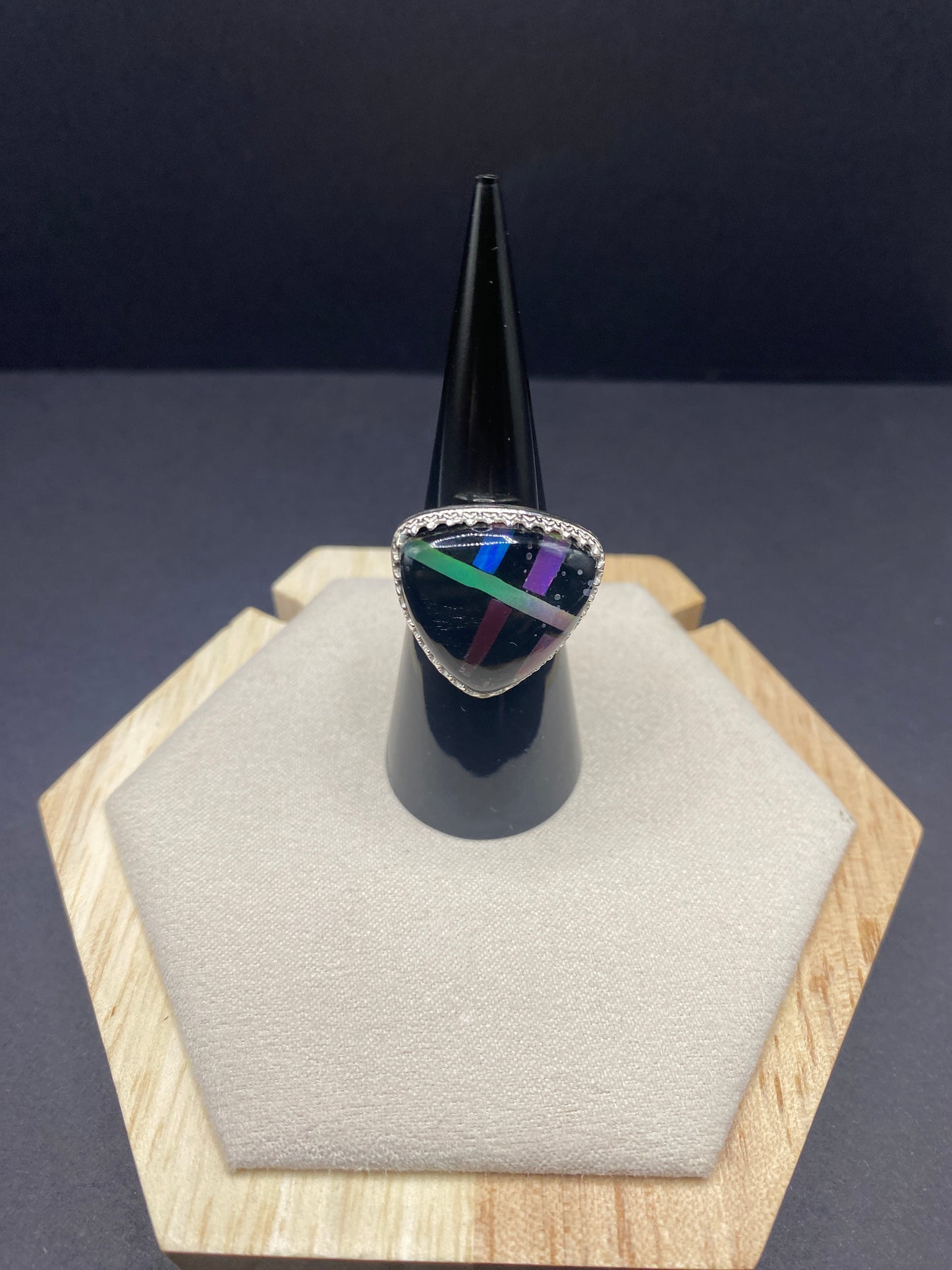 Size 6.5 aurora opal and onyx sterling silver