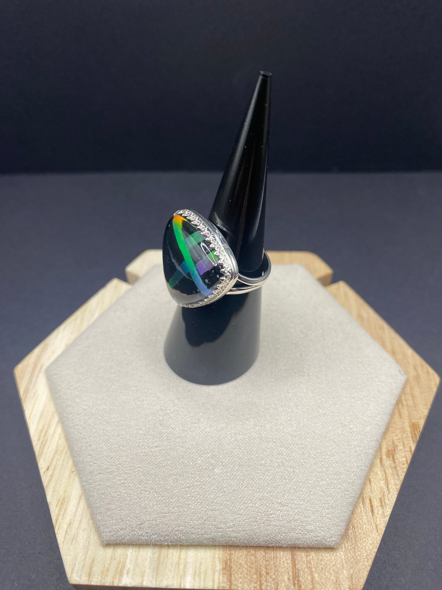 Size 6.5 aurora opal and onyx sterling silver