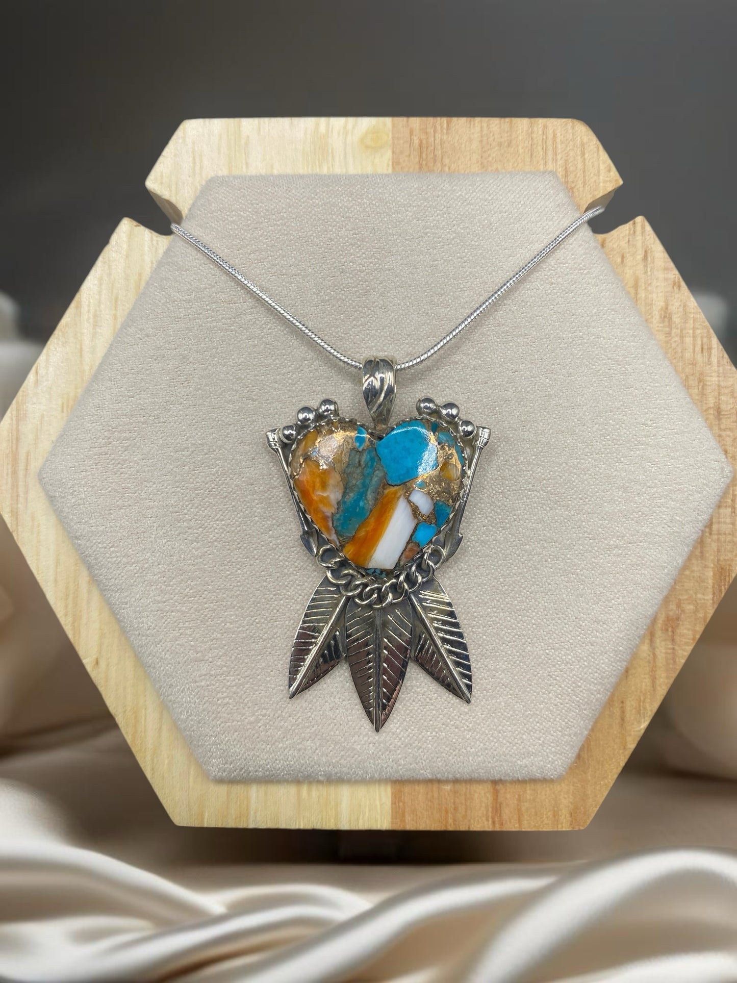 turquoise and orange spiny oyster necklace Sterling Silver