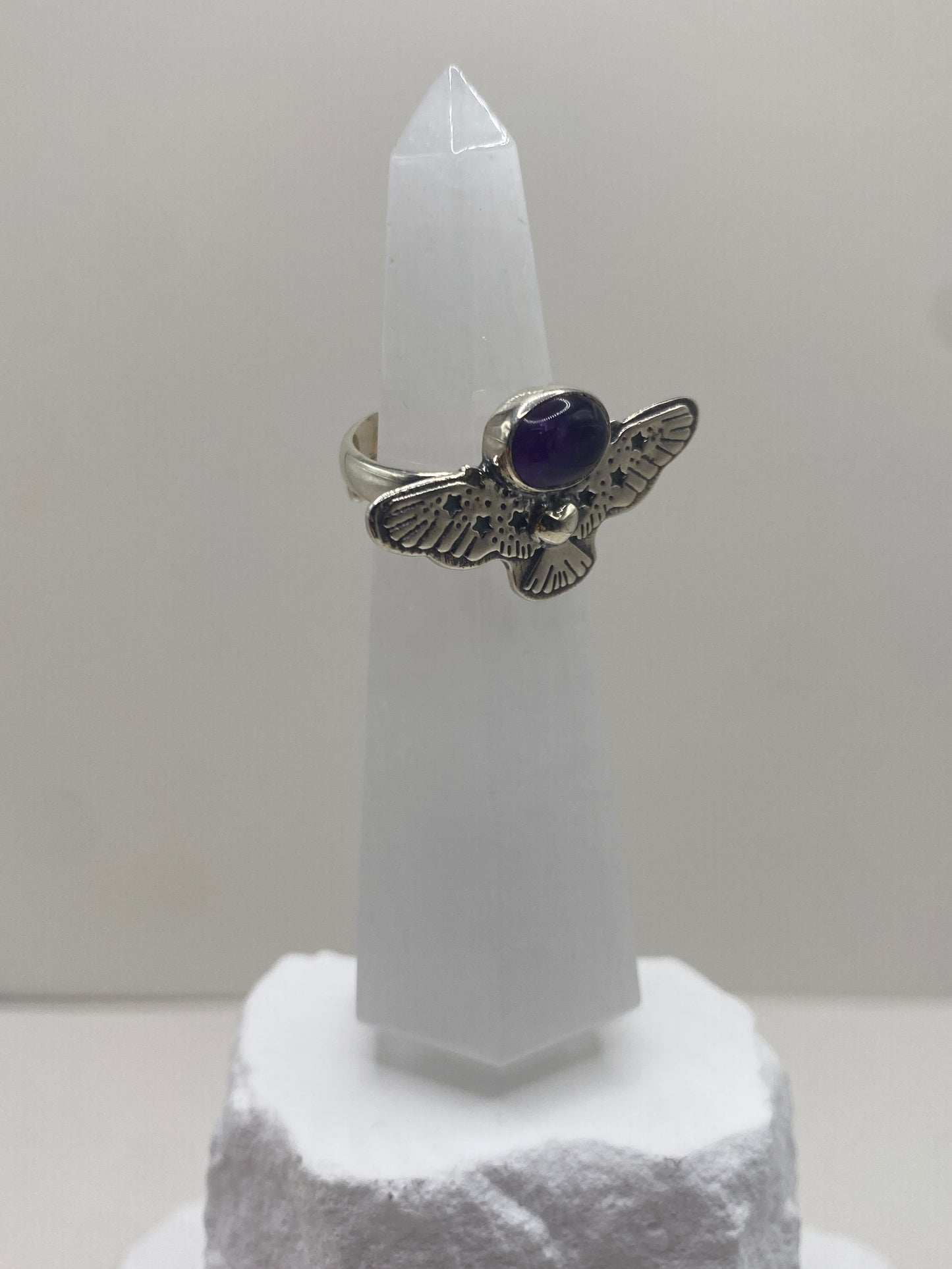 Adjustable owl fits sizes 5-10 amethyst sterling silver