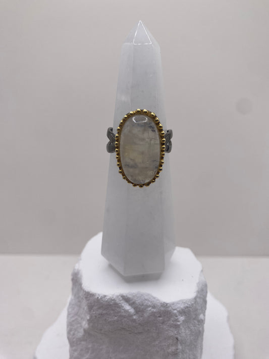 Size 8 moonstone in rhodium and 14kt gold over sterling silver