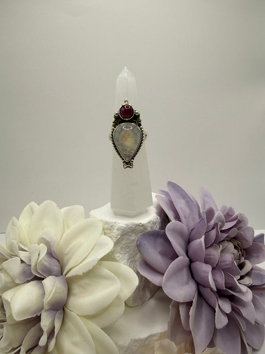Moonstone and garnet size 9 sterling silver