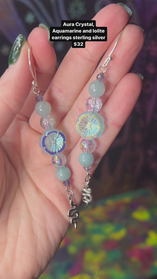 Aura Crystal, Aquamarine and Iolite earrings sterling silver