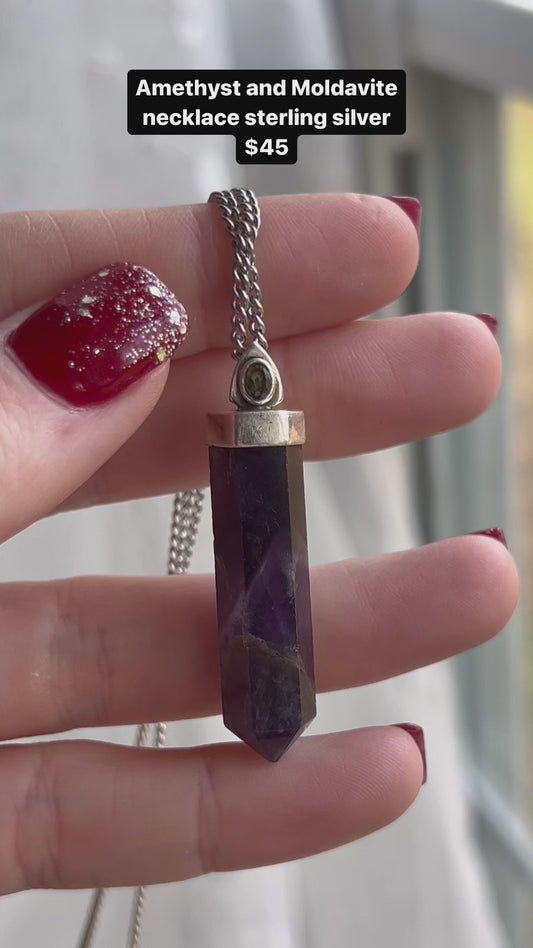 Faceted Moldavite and Amethyst necklace sterling silver