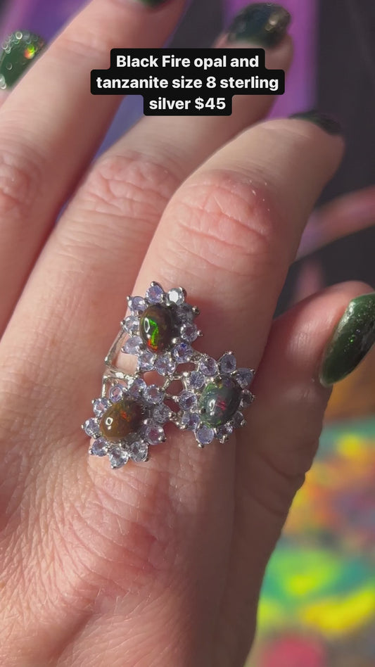 Black Fire opal and tanzanite ring size 8 sterling silver