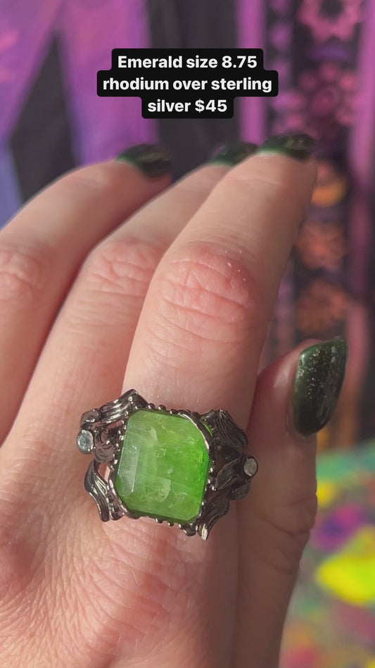 Emerald ring size 8.75 Rhodium over sterling silver