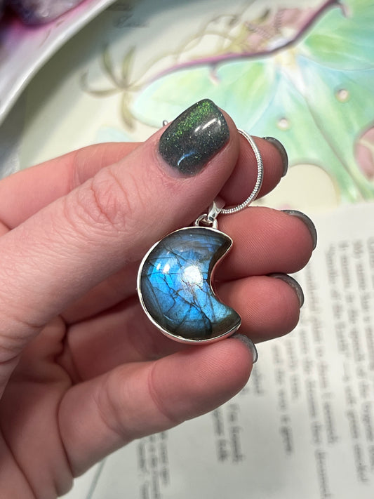 Labradorite moon Pendant Necklace Sterling Silver