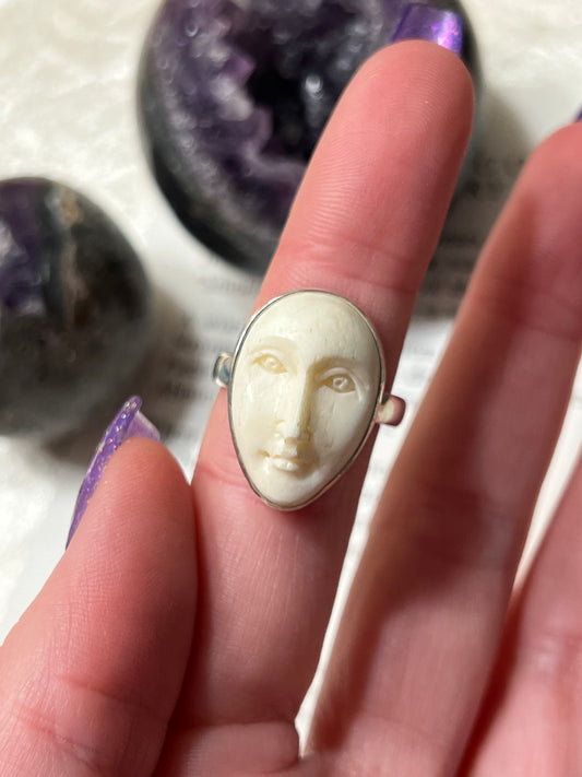 Size 9 Tibetan Carved Yak Bone Goddess Ring Sterling Silver